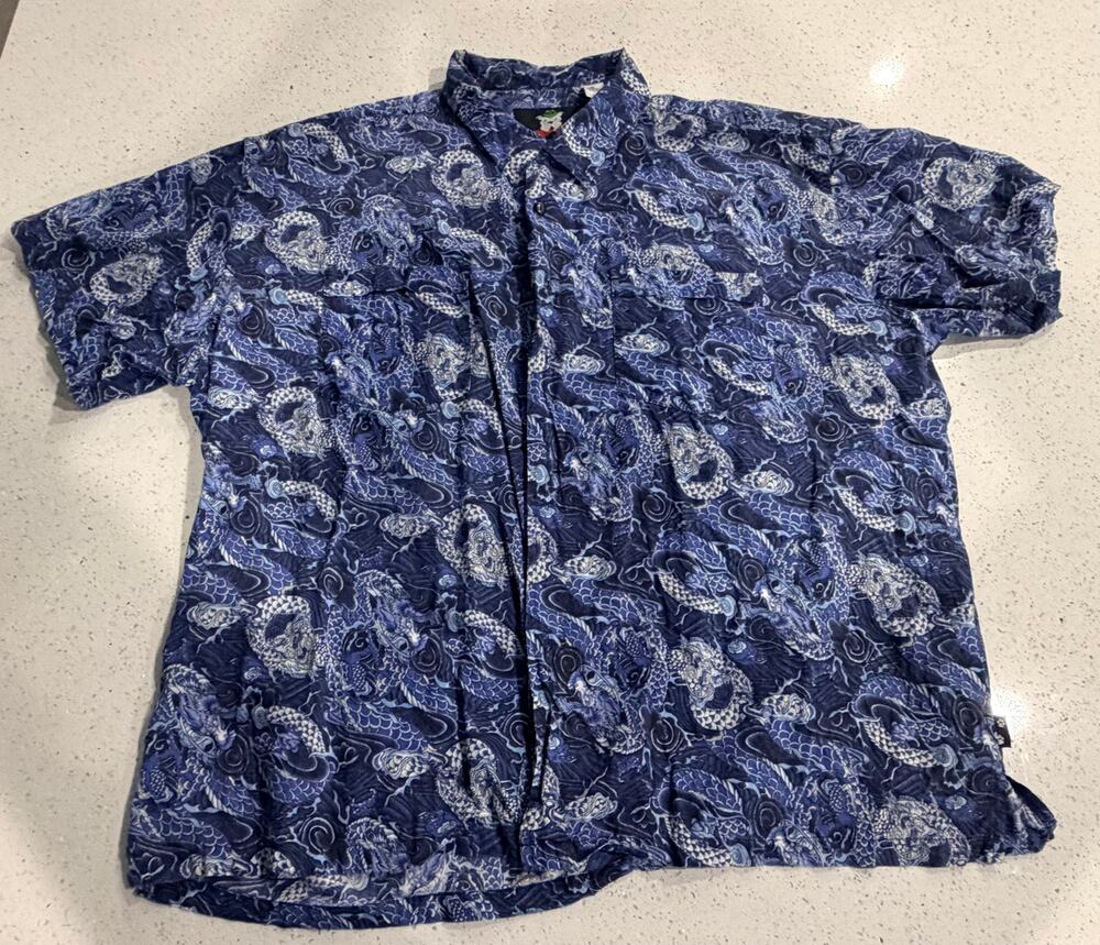 Vintage ‘Boxer Boxer’ Dragon Print Blue Button Up Shirt SIZE 3XL